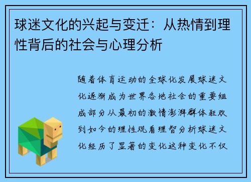 球迷文化的兴起与变迁：从热情到理性背后的社会与心理分析